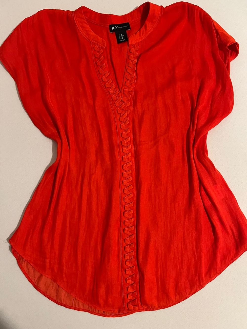 JNY Red Short-Sleeve V-Neck Braided-Trim Blouse